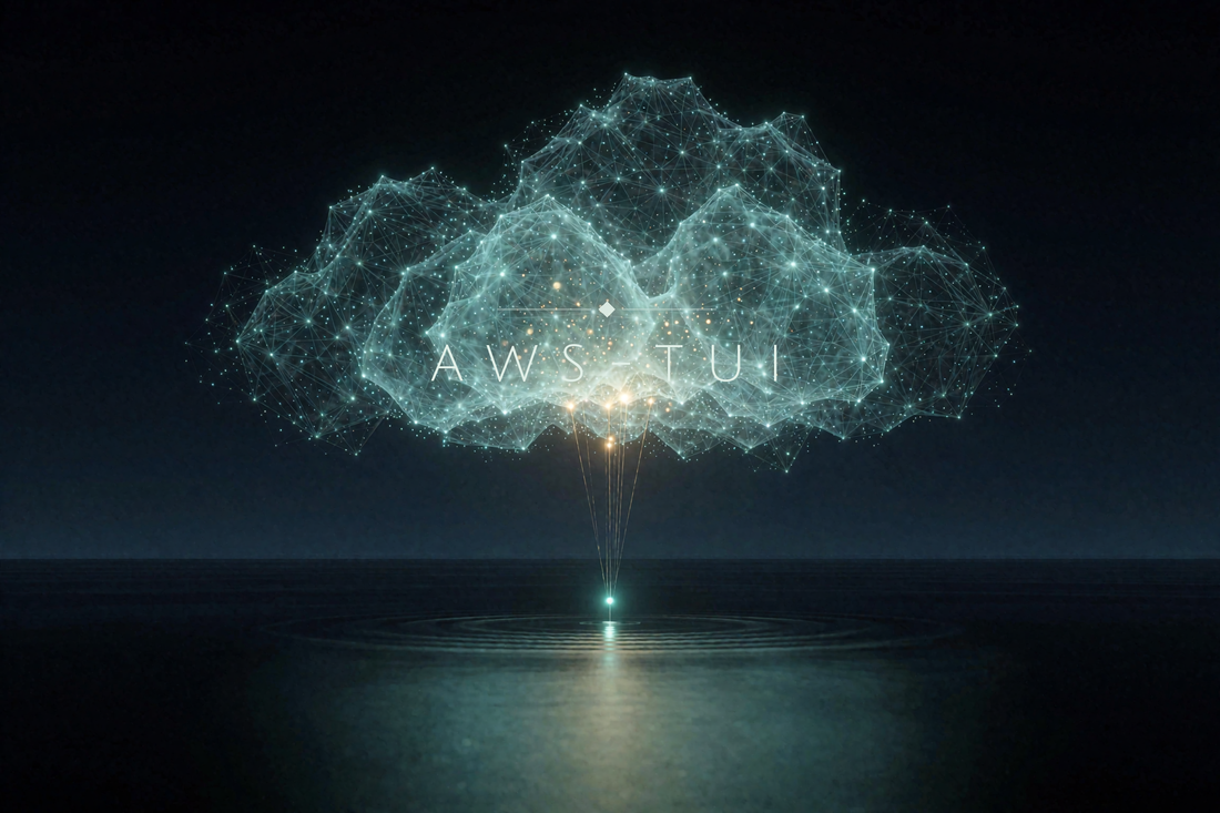 A wireframe cloud of teal light anchored by golden tethers to a glowing point on a dark sea, the AWS-TUI wordmark seated at its luminous core.