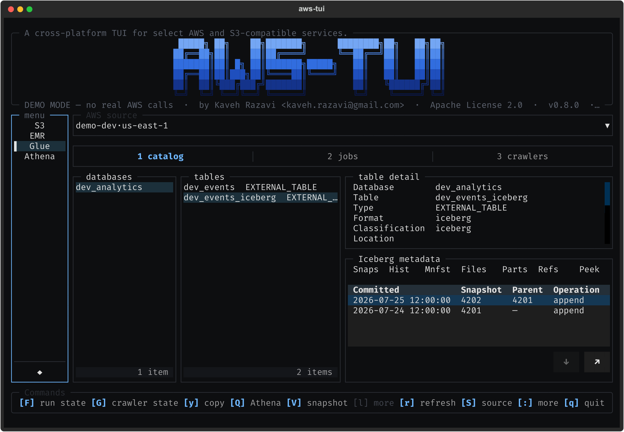aws-tui in demo mode with the S3, EMR, Glue, and Athena service rail; the Glue catalog is showing an Iceberg table, its metadata tabs, and snapshot history.